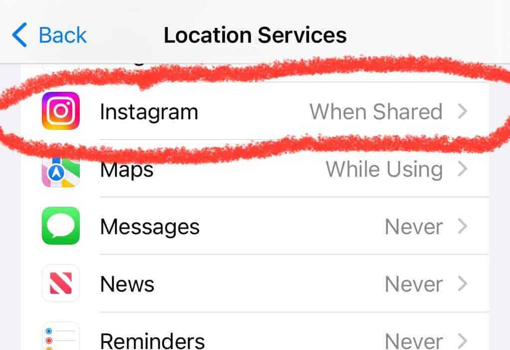 The Location Services menu on an iPhone with a list of apps.