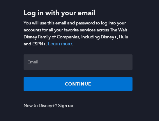 The Disney+ login screen on the Disney+ website.