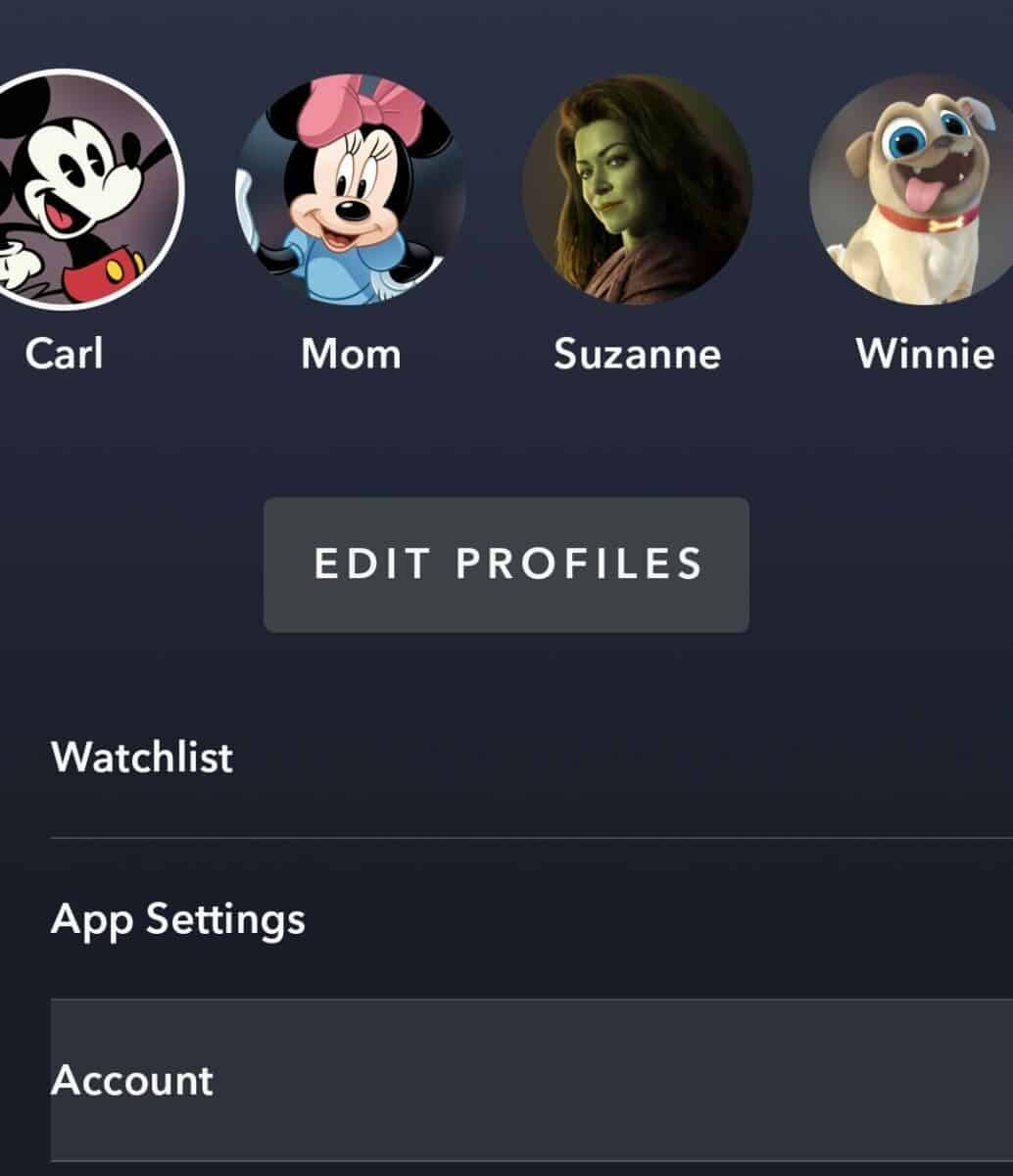 A list of Disney+ profiles with account options in the mobile app.