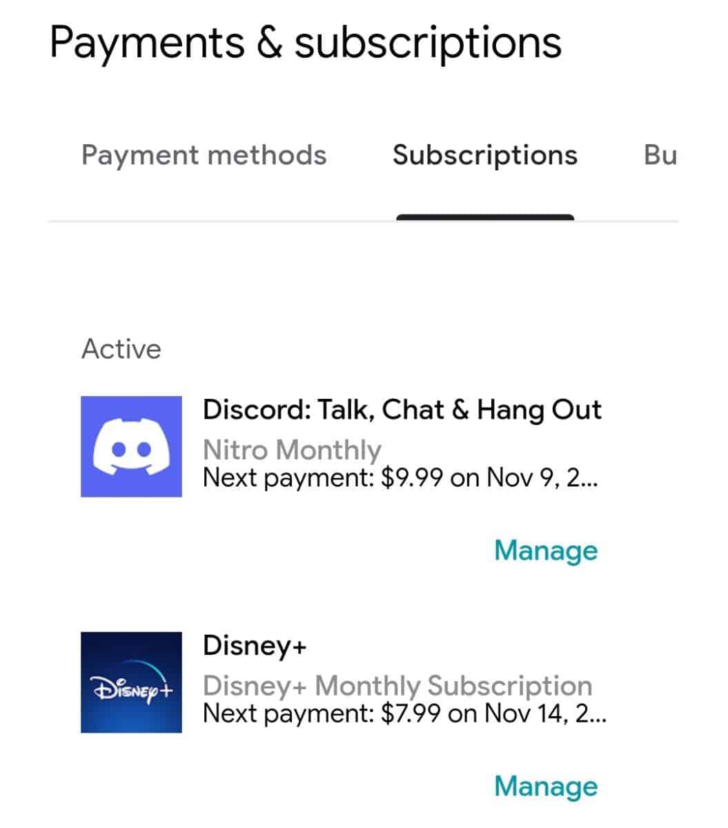 The Payments and Subscriptions screen on a mobile device.