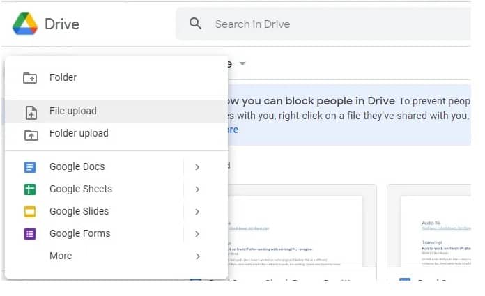 The Google Drive New menu opened.
