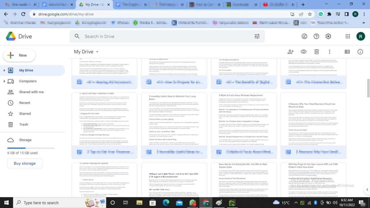 Google Drive home page showing many documents.