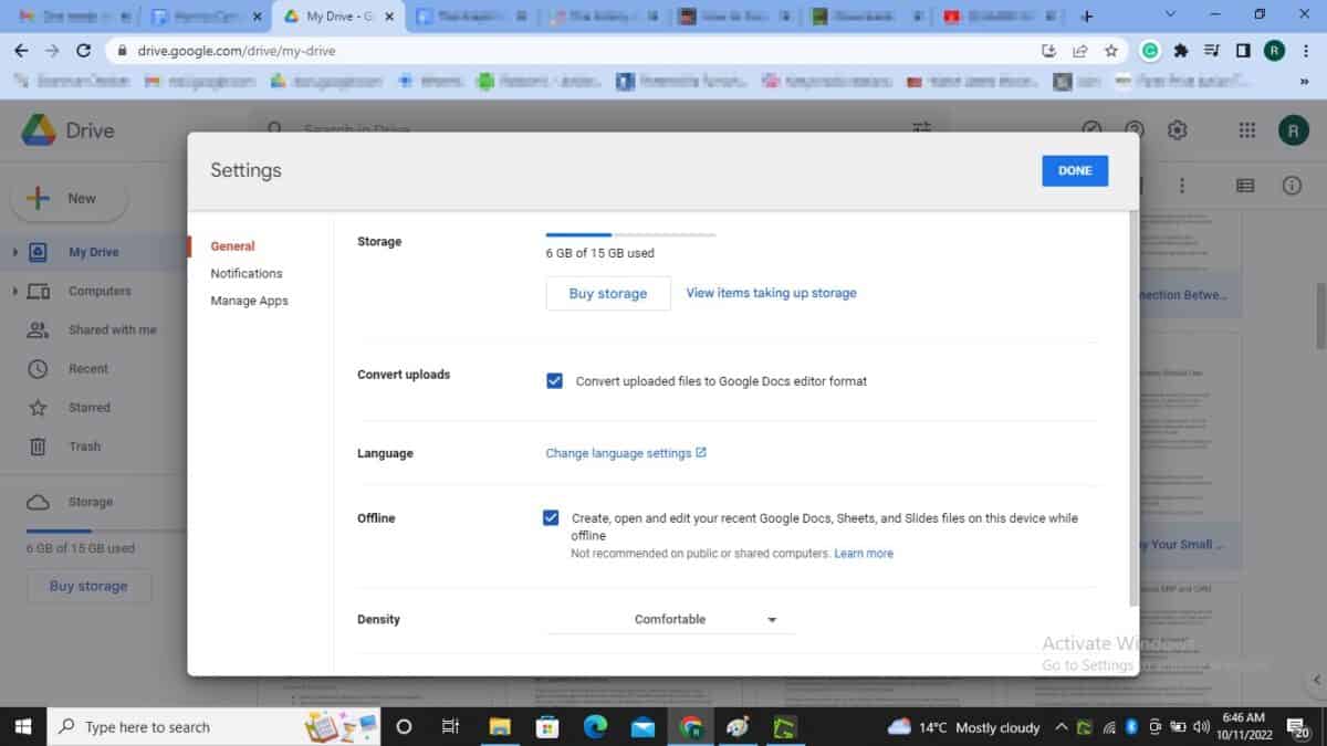 Google Drive with the Settings popup menu opened.