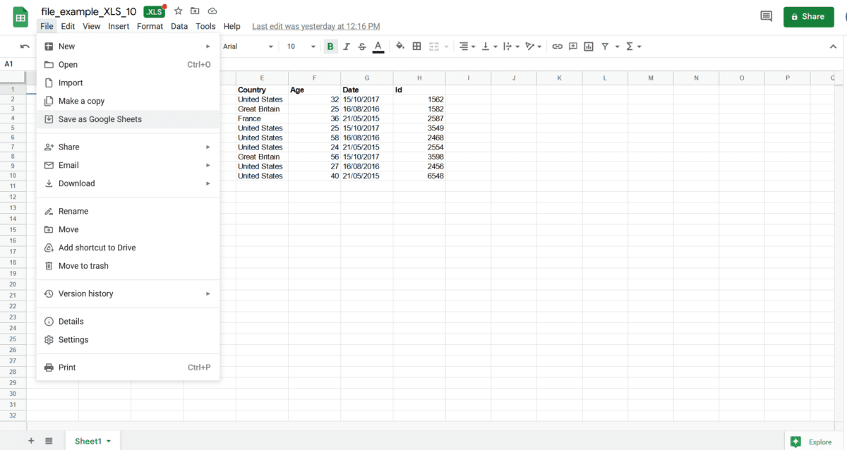 Click on File then click on Save as Google Sheets.