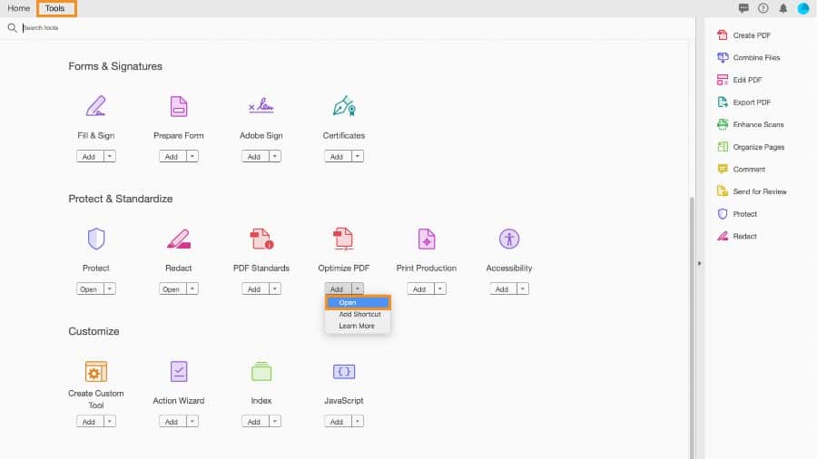 The Adobe Acrobat Tools menu.