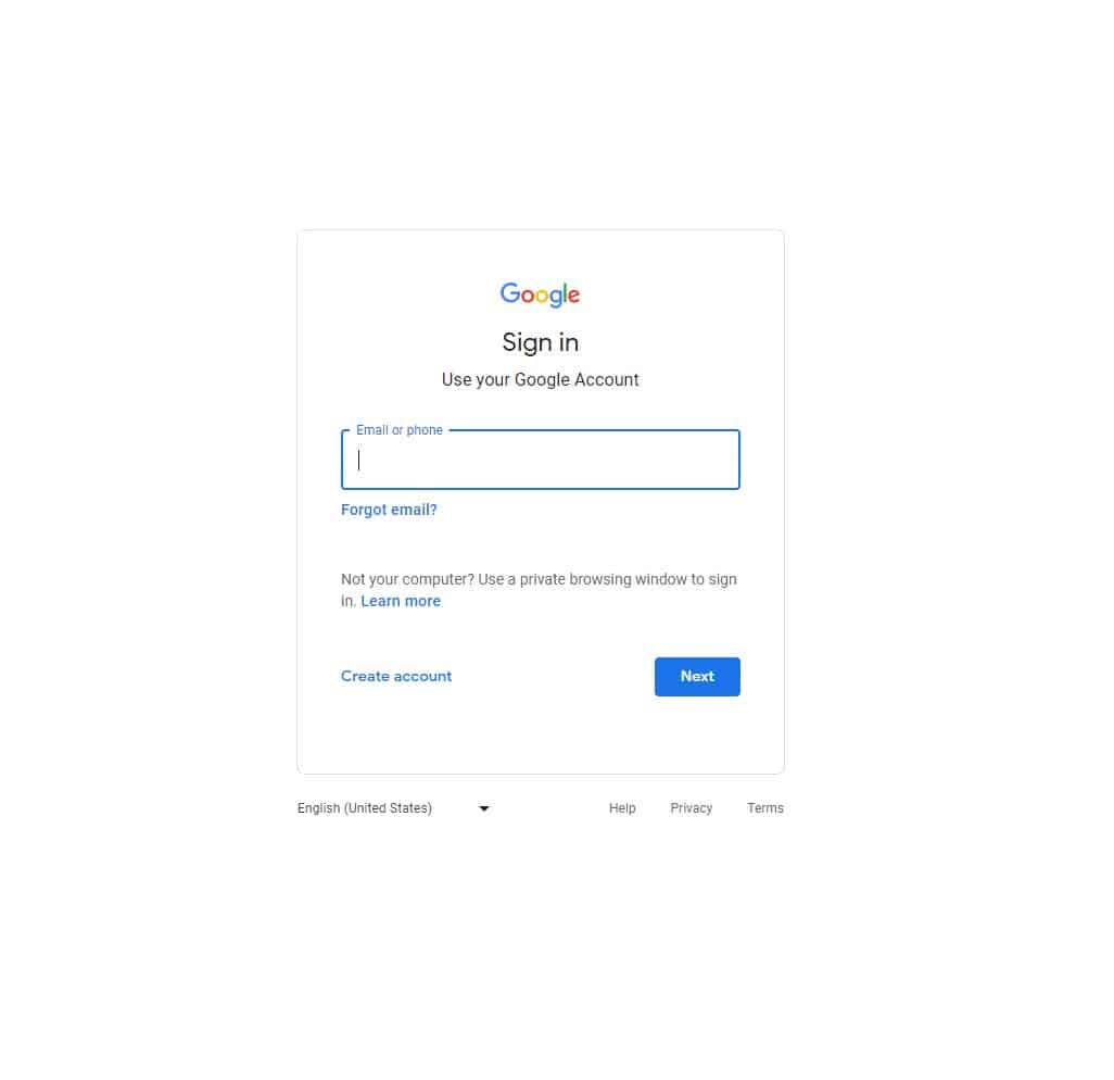 Google sign in screen.