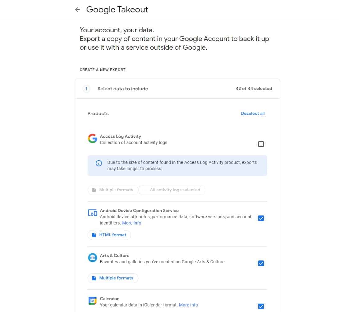 The Google Takeout screen.
