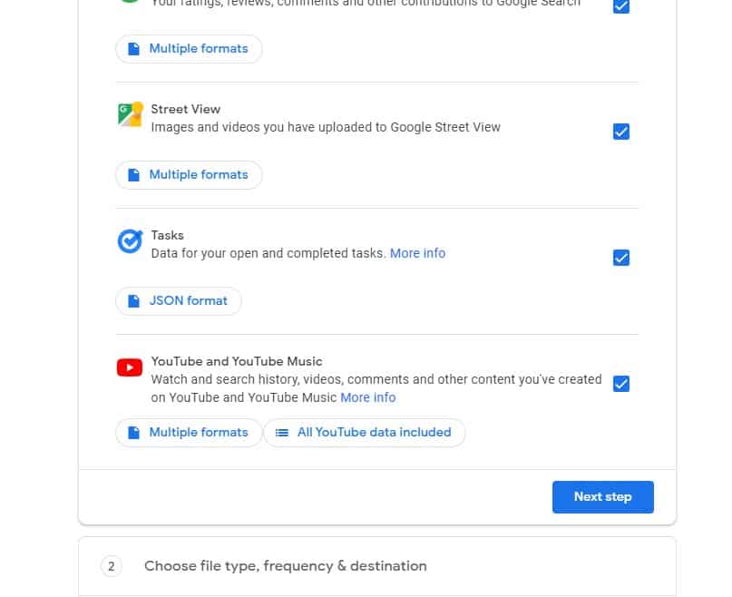 The Google Takeout screen with data selected.
