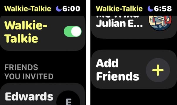 The Walkie-Talkie app menu on an Apple Watch.