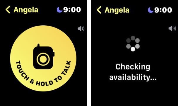 The Touch and Hold to Talk button in the Walkie-Talkie app on an Apple Watch.