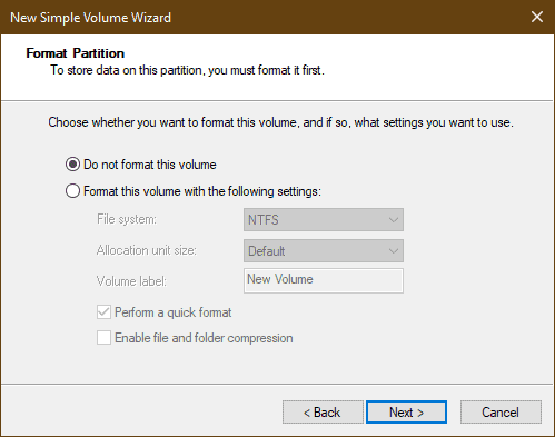 Screenshot of the Format Partition screen in the New Simple Volume Wizard.