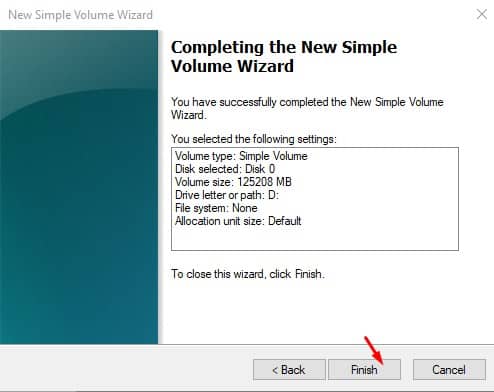 Screenshot of the completion screen in the New Simple Volume Wizard.