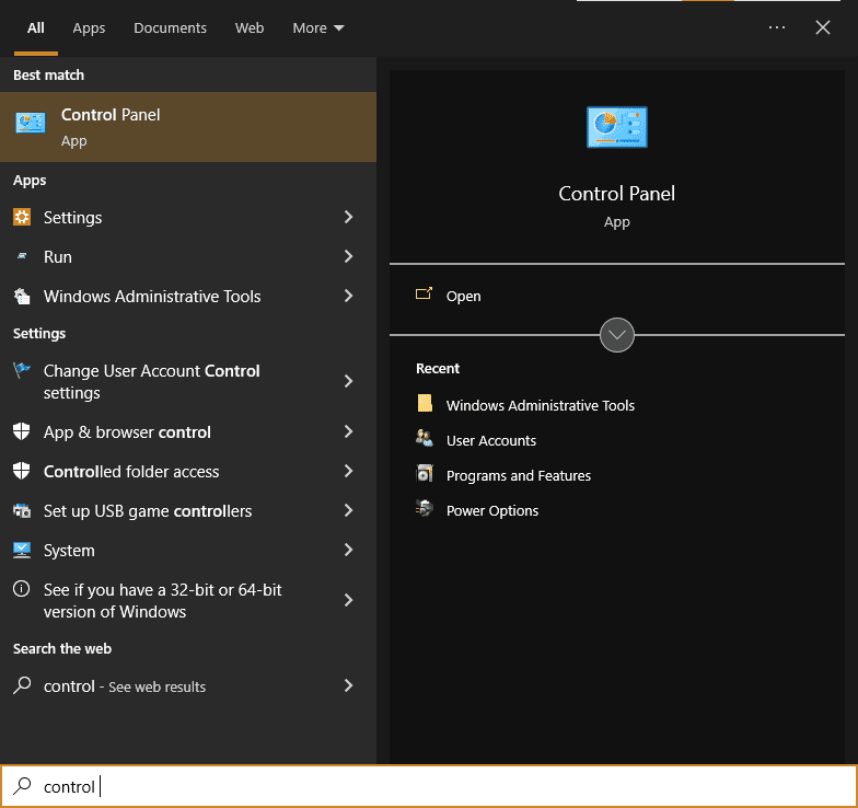 Screenshot of a Windows search for Control Panel.
