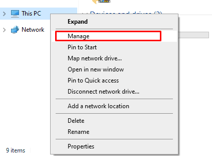 Screenshot of File Explorer with the right-click menu displayed for This PC.