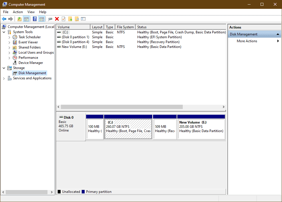 Screenshot of Disk Management options.