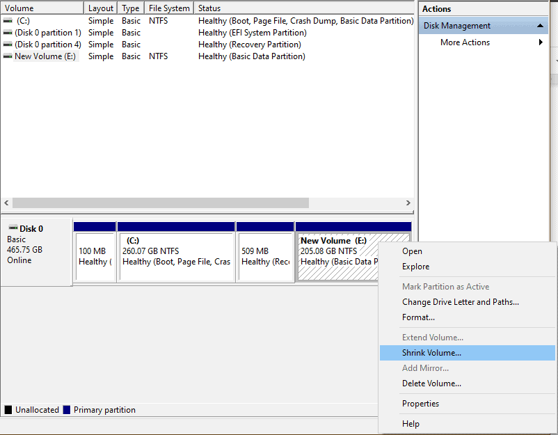 Screenshot of Disk Management with the right-click menu open for a selected disk.