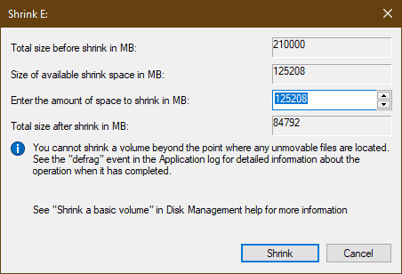 Screenshot of the Shrink Disk menu for the selected disk.