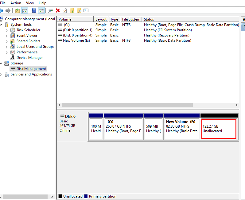 Screenshot of the Disk Management window with the Unallocated space highlighted.