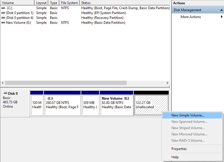 Screenshot of the Disk Management screen with the right-click menu for Unallocated open.