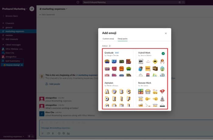 Image showing emoji pack options in Slack
