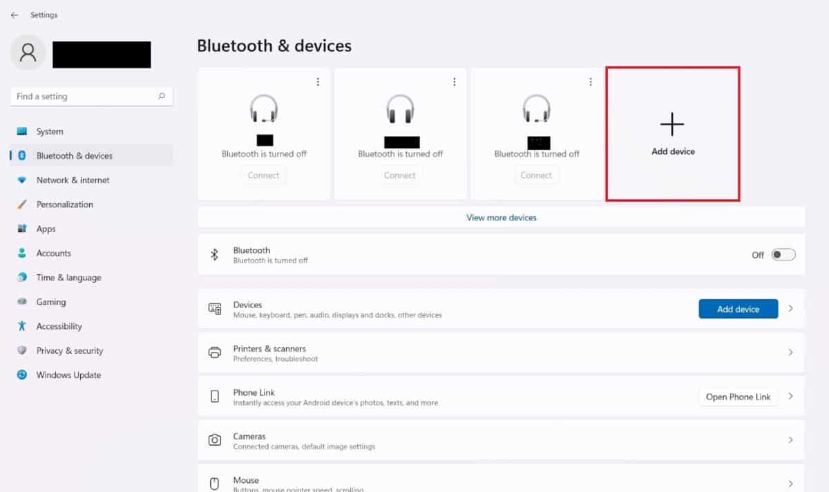 Image showing how to add device under Bluetooth and devices in Windows 11.