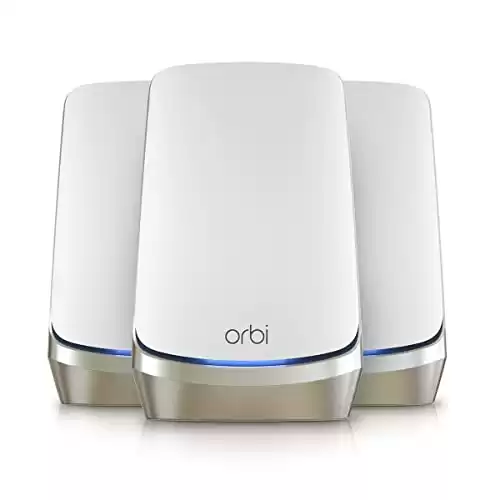 NETGEAR Orbi Quad-Band WiFi 6E Mesh System (RBKE963), Router with 2 Satellite Extenders, Coverage up to 9,000 sq. ft, 200 Devices, 10 Gig Internet Port, AXE11000 802.11 Axe (Up to 10.8Gbps)