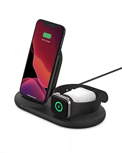Belkin 3-in-1 Wireless Charger - Fast Charging Stand for Apple iPhone, Apple Watch & AirPods - iPhone Case Compatible Qi Charger - Charging Station For Multiple Devices - Black