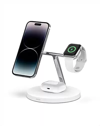 Belkin MagSafe 3-in-1 Wireless Charging Stand - Fast Wireless Charging for Apple Watch, iPhone 14, iPhone 13 & iPhone 12 series, And AirPods - MagSafe Charging Station For Multiple Devices - White