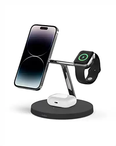 Belkin MagSafe 3-in-1 Wireless Charging Stand - Fast Wireless Charging for Apple Watch, iPhone 14/ 13 & 12 series, And AirPods - Charging Station For Multiple Devices - Black