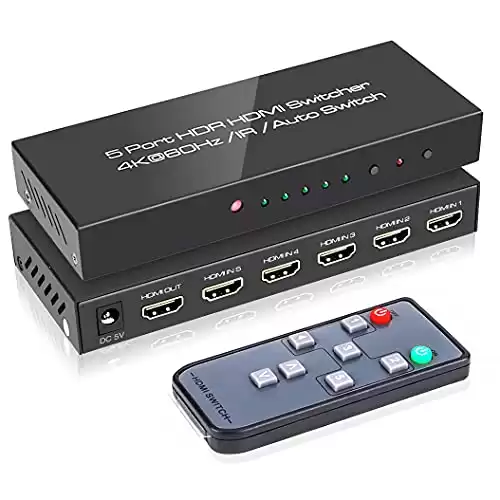 (Newest Version) ROOFULL 5 Port 4K HDMI Switch with Remote Premium 5 in 1 Out UHD 4K@60Hz HDMI 2.0 Switch Box Selector, Support Dolby Vision/ Atmos, HDCP 2.2, HDR 10, Auto-Switch, 18Gbps, CEC, 1080P