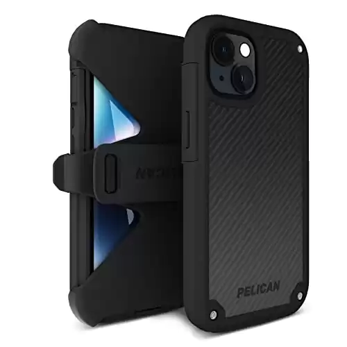 Pelican Shield Kevlar Series - iPhone 14 Case 6.1" [Compatible with MagSafe] Magnetic Charging Phone Case with Belt Clip Holster Kickstand [21FT MIL-Grade Drop Protection] Cover - Black