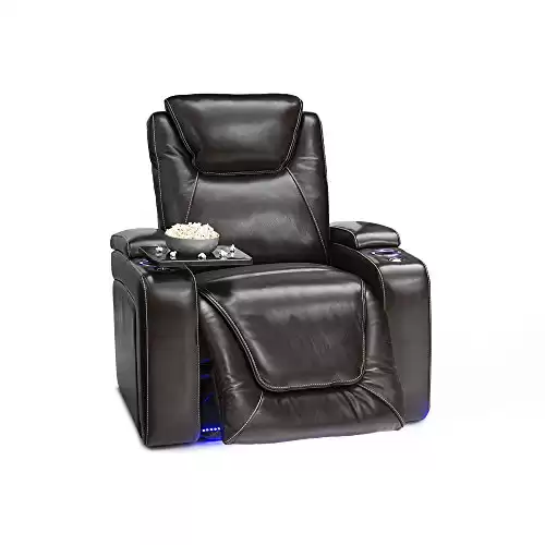 Seatcraft Equinox - Home Theater Seating - Top Grain Leather - Power Recline - Powered Headrest and Lumbar Support - Arm Storage - USB Charging - Cup Holders - Single Recliner, Brown