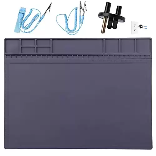 Anti-Static Mat ESD Safe for Electronic Includes ESD Wristband and Grounding Wire , HPFIX Silicone Soldering Repair Mat 932°F Heat Resistant for iPhone iPad iMac, Laptop, Computer, 15.9” x 12” Gr...