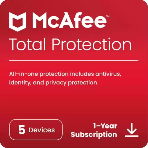 McAfee Total Protection 2022 | 5 Device | Antivirus Internet Security Software | VPN, Password Manager, Dark Web Monitoring | 1 Year Subscription | Download Code