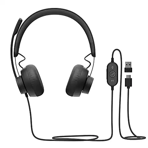 Logitech Zone Wired Headset, Certified for Microsoft Teams with advanced noise-canceling mic technology for open office environments, USB-C with USB-A adapter, Graphite