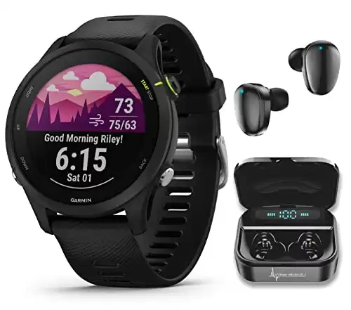 Garmin Forerunner 255 Music GPS Running Smartwatch, Advanced Insights, Long-Lasting Battery, Black with Wearable4U Black Earbuds Bundle
