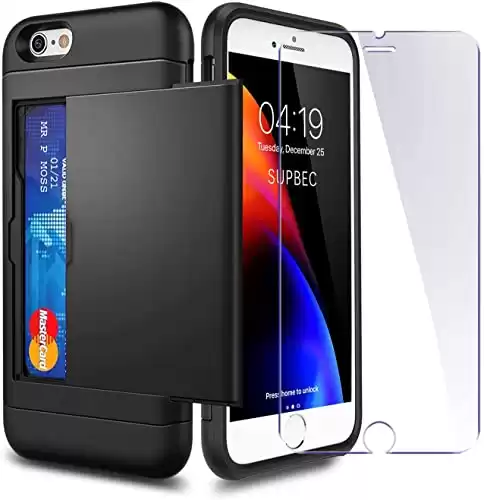SUPBEC iPhone SE 2022 Case, iPhone 7/8 / SE 2020 Case with Card Holder and[ Screen Protector Tempered Glass X2] iPhone SE 2 / SE 3 Wallet Case Shockproof Silicone TPU + Hard PC Full Protective-Black