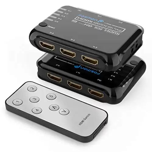 Fosmon 5 Port HDMI Switch, HDMI 2.0 Auto Switch, 4K@60Hz 5x1 Switcher Splitter Box with Remote Control Support 4Kx2K, Full 1080p, 3D HDR, 18Gbps, HDCP 2.2 for Apple TV, Fire Stick, HDTV, PS4, Xbox, PC