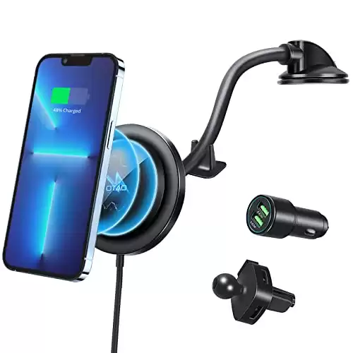 Magnetic Wireless Car Charger for iPhone 14 Pro Max/14 Pro/14/14 Plus/Magsafe case,iPhone 13/12 Series,OTAO Air Vent Clip [with QC3.0 Adapter] Windshield Dashboard Car Mount Phone Holder