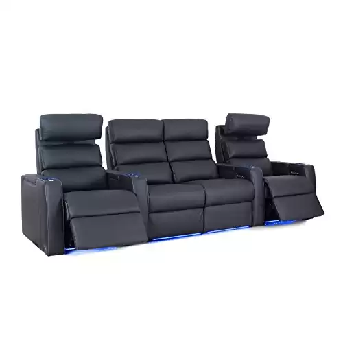 Dream HR Series - Octane Seating - Home Stadium Seating - Top Grain Leather - Power Recline - Motorized Headrest - Lighted Cup Holders (Row of 4 Center Loveseat, Black)