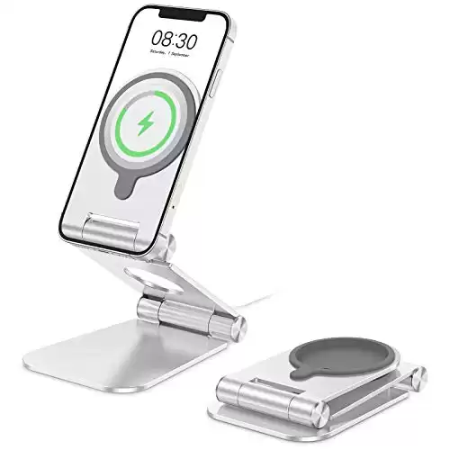 Stand for MagSafe Charger, OMOTON Foldable Phone Stand Holder for MagSafe Accessories， Compatible with iPhone 14/13/12 Pro Max/Pro/Mini, Charger for MagSafe Not Included, Silver