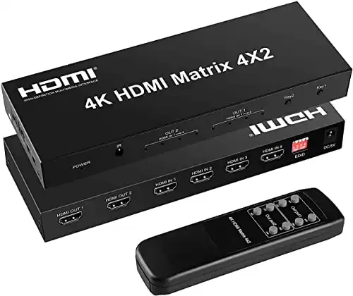 FERRISA 4x2 HDMI Matrix Switch,4 in 2 Out Matrix HDMI Video Switcher Splitter +Optical & L/R Audio Output,Support Ultra HD 4K,3D 1080P,Audio EDID Extractor with IR Remote Control