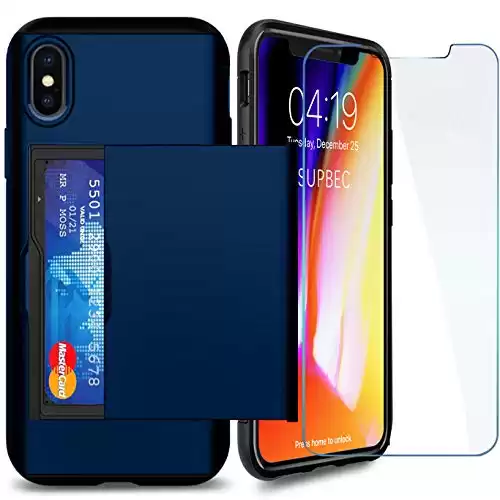 SUPBEC iPhone X/XS Case with Card Holder and[ Screen Protector Tempered Glass x2Pack] i Phone X Wallet Case Cover with Shockproof Silicone TPU + Anti-Scratch Hard PC - Full Protective-5.8"-Navy B...