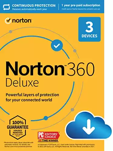 Norton 360 Deluxe, 2023 Ready, Antivirus software for 3 Devices with Auto Renewal - Includes VPN, PC Cloud Backup & Dark Web Monitoring [Download]