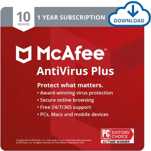 McAfee AntiVirus Protection Plus 2022 | 10 Device | Internet Security Software | Windows/Mac/Android/iOS | 1 Year Subscription | Download Code
