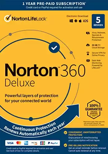 Norton 360 Deluxe, 2023 Ready, Antivirus software for 5 Devices with Auto Renewal - Includes VPN, PC Cloud Backup & Dark Web Monitoring [Key Card]