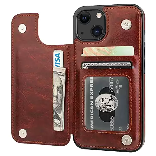 ONETOP Compatible with iPhone 13 Wallet Case with Card Holder, PU Leather Kickstand Card Slots Case, Double Magnetic Clasp Durable Shockproof Cover 6.1 Inch(Brown)