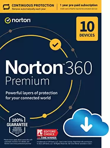 Norton 360 Premium, 2023 Ready, Antivirus software for 10 Devices with Auto Renewal - Includes VPN, PC Cloud Backup & Dark Web Monitoring [Download]