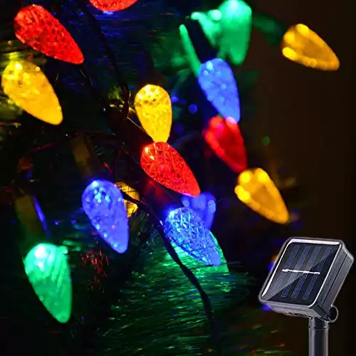Solar Christmas Lights Outdoor C6 Strawberry String Lights, LED Christmas Fairy Lights 50 LEDs Solar Operated Rechargeable Garden Lights for Christmas Tree, Holiday, Arbor Decor(Multicolor, 8 Modes)