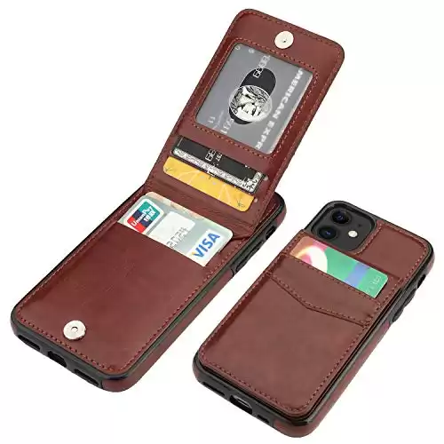KIHUWEY iPhone 11 Case Wallet with Credit Card Holder, Premium Leather Magnetic Clasp Kickstand Heavy Duty Protective Cover for 11 6.1 Inch(Brown)